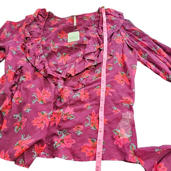 Floral Wrap Ruffle Blouse V-Neck Long Sleeve Sheer Tie Waist Women's Top Size S - Picture 13 of 14